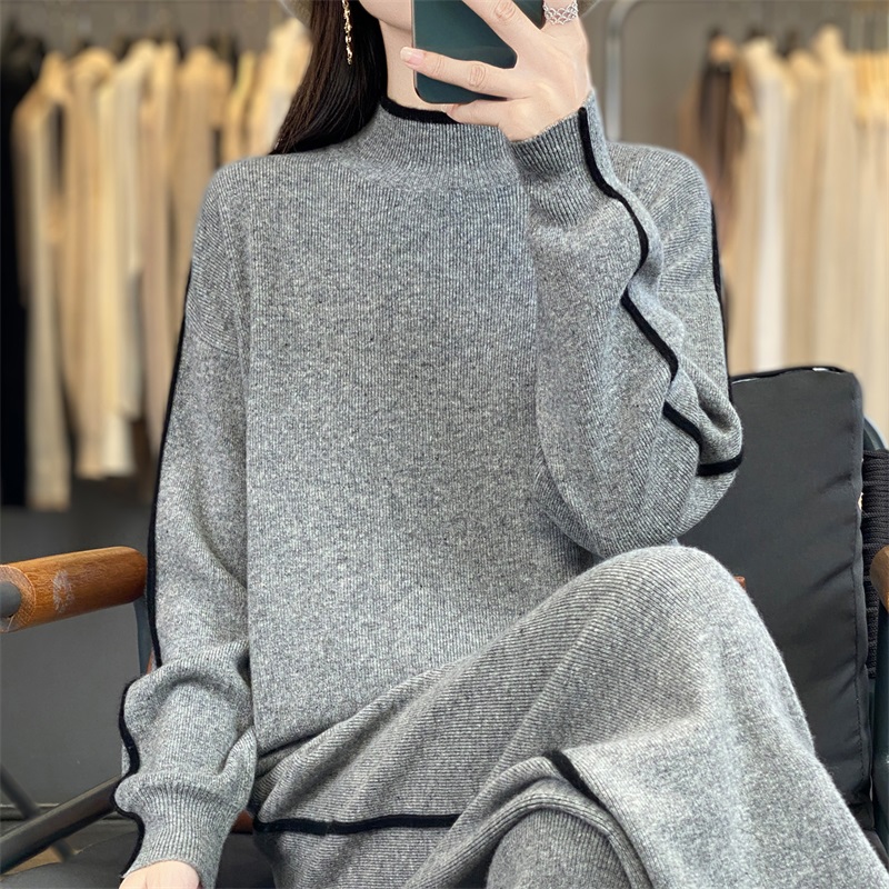 羊范轻奢时尚休闲运动套装女2025秋冬新款四平加厚拼色毛衣阔腿裤