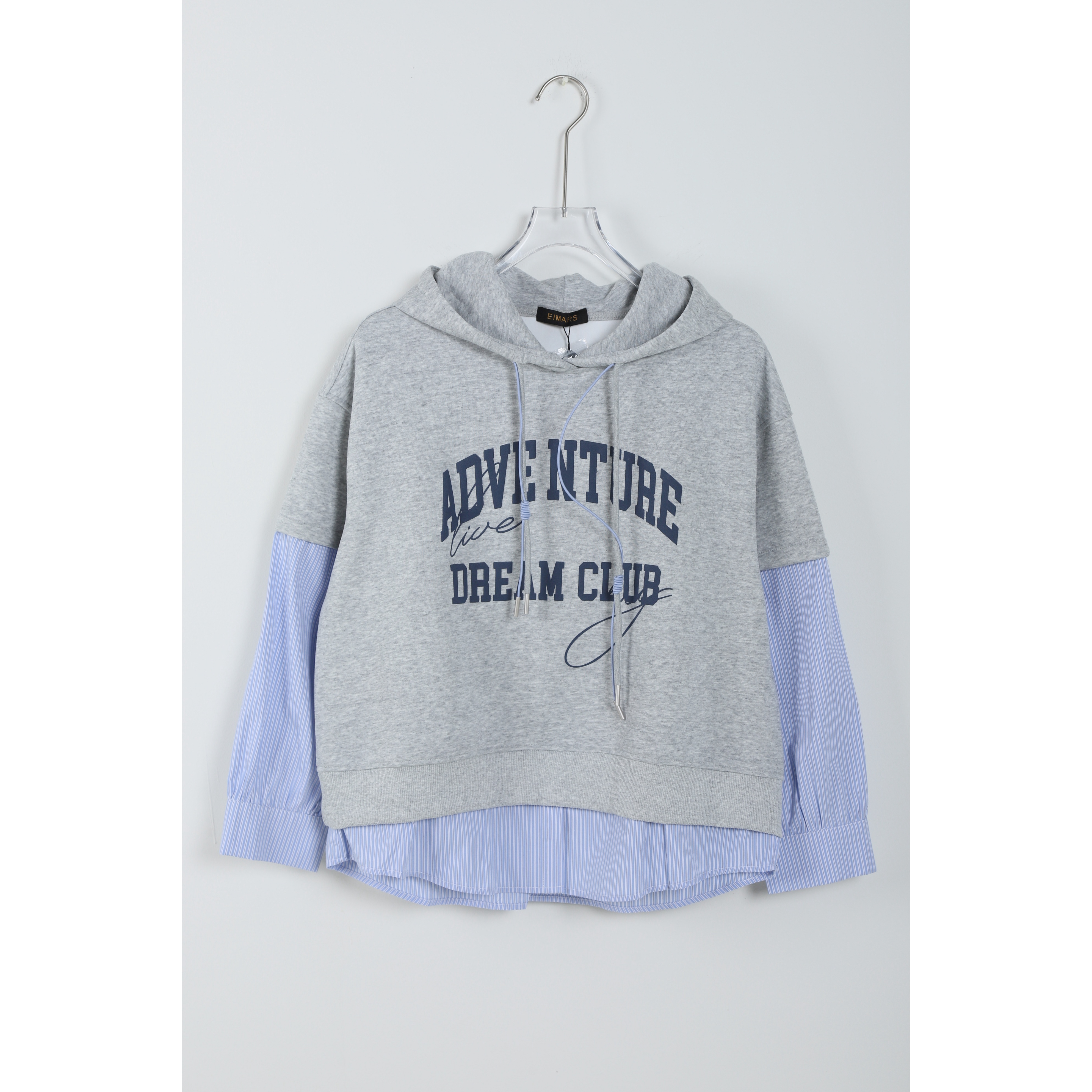 EIMARS埃马森松弛叠穿感灰蓝拼接连帽卫衣21310004