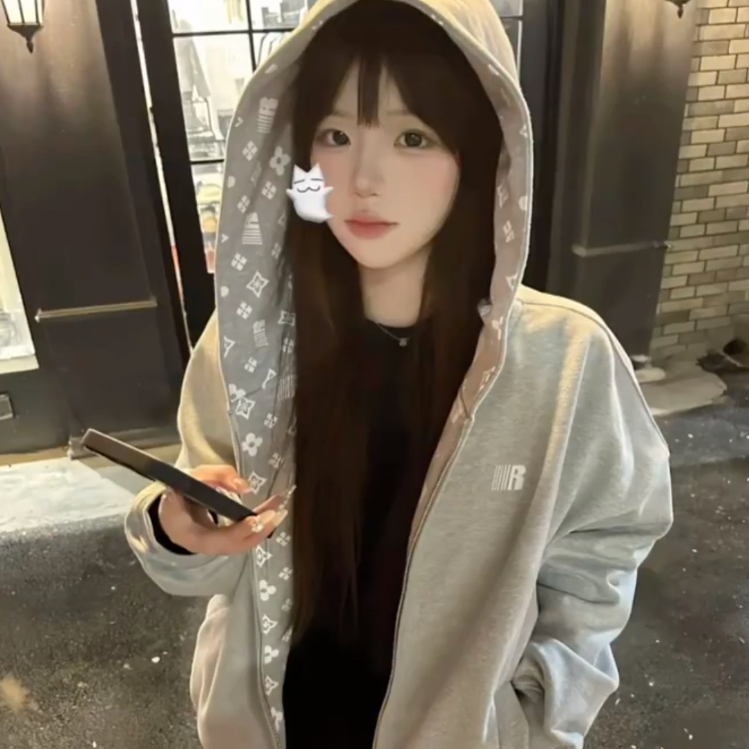 F美式印花拉链连帽外套