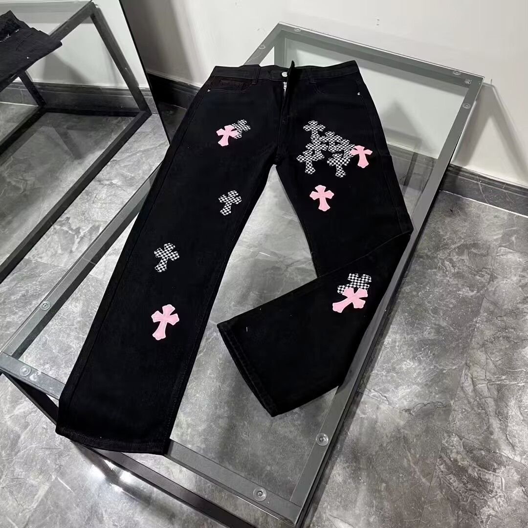 克罗伈牛仔裤男火焰樱花粉十字架刺绣水洗做旧宽松直筒黑色裤子