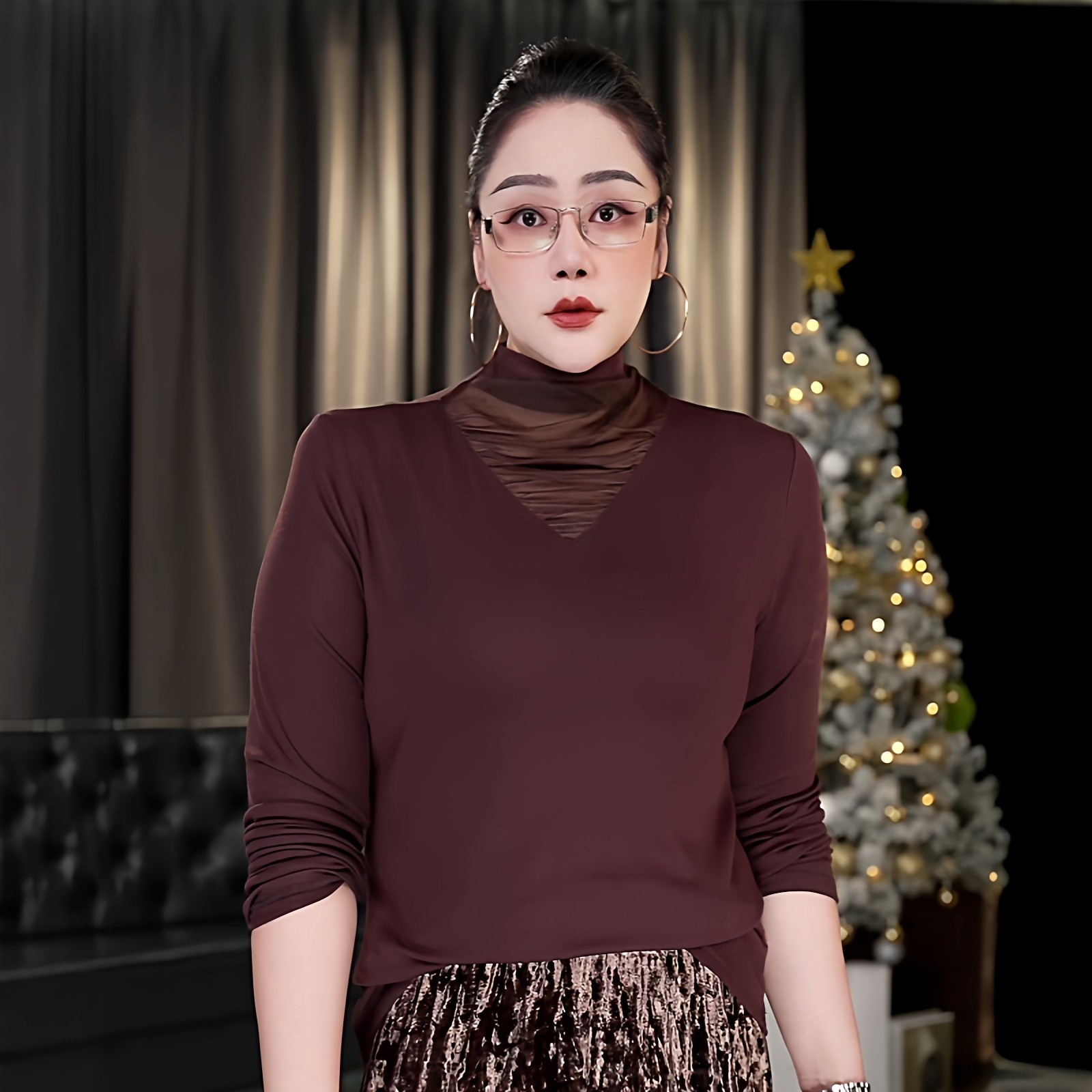 伊馨大码女装秋冬磨毛打底衫女网纱拼接领上衣立领胖mm显瘦内搭