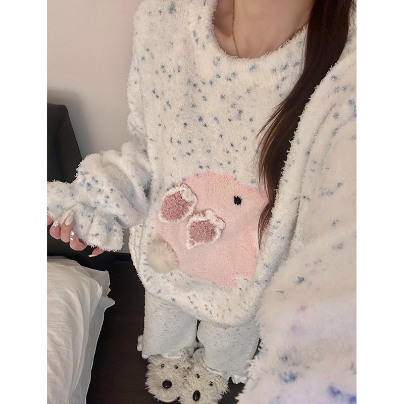 甜美少女可爱兔子毛绒睡衣女秋冬季新款长袖长裤家居服套装可外穿