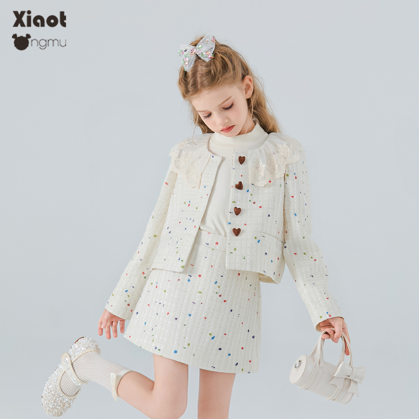 小童木 俏皮千金女童小香风套装秋装新款彩色提花波点外套半身裙