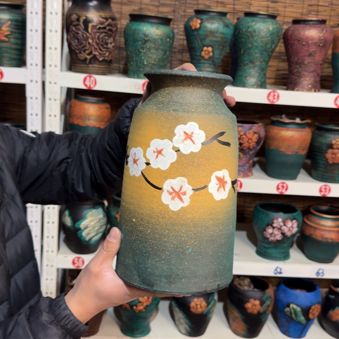 红陶红陶浮雕花盆炸炸炸