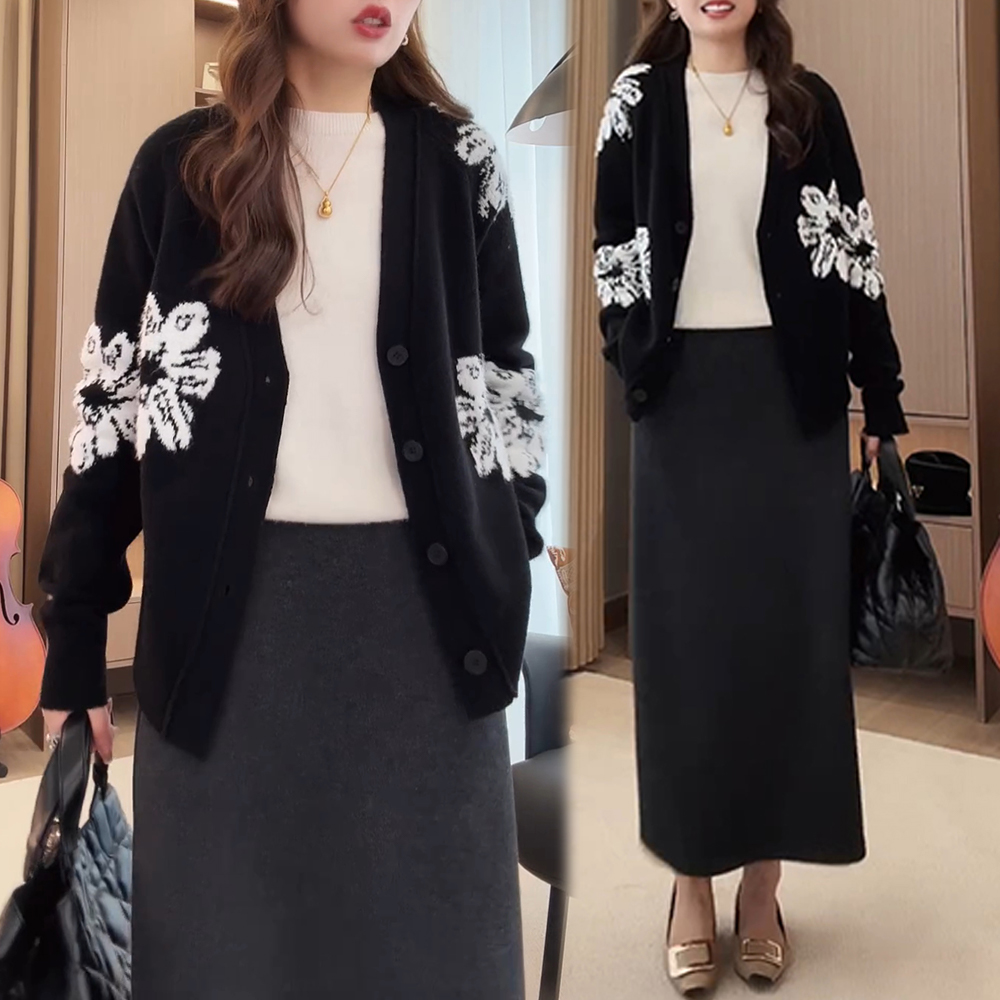 2025秋季新款条纹V领长袖上衣+高腰休闲半身裙两件套女时尚套装