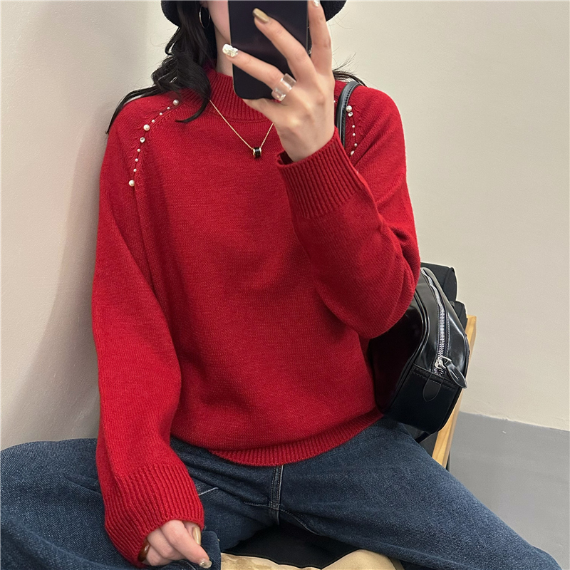 【红色系钉珠款】软糯气质长袖慵懒针织2025秋冬毛衣女针织衫