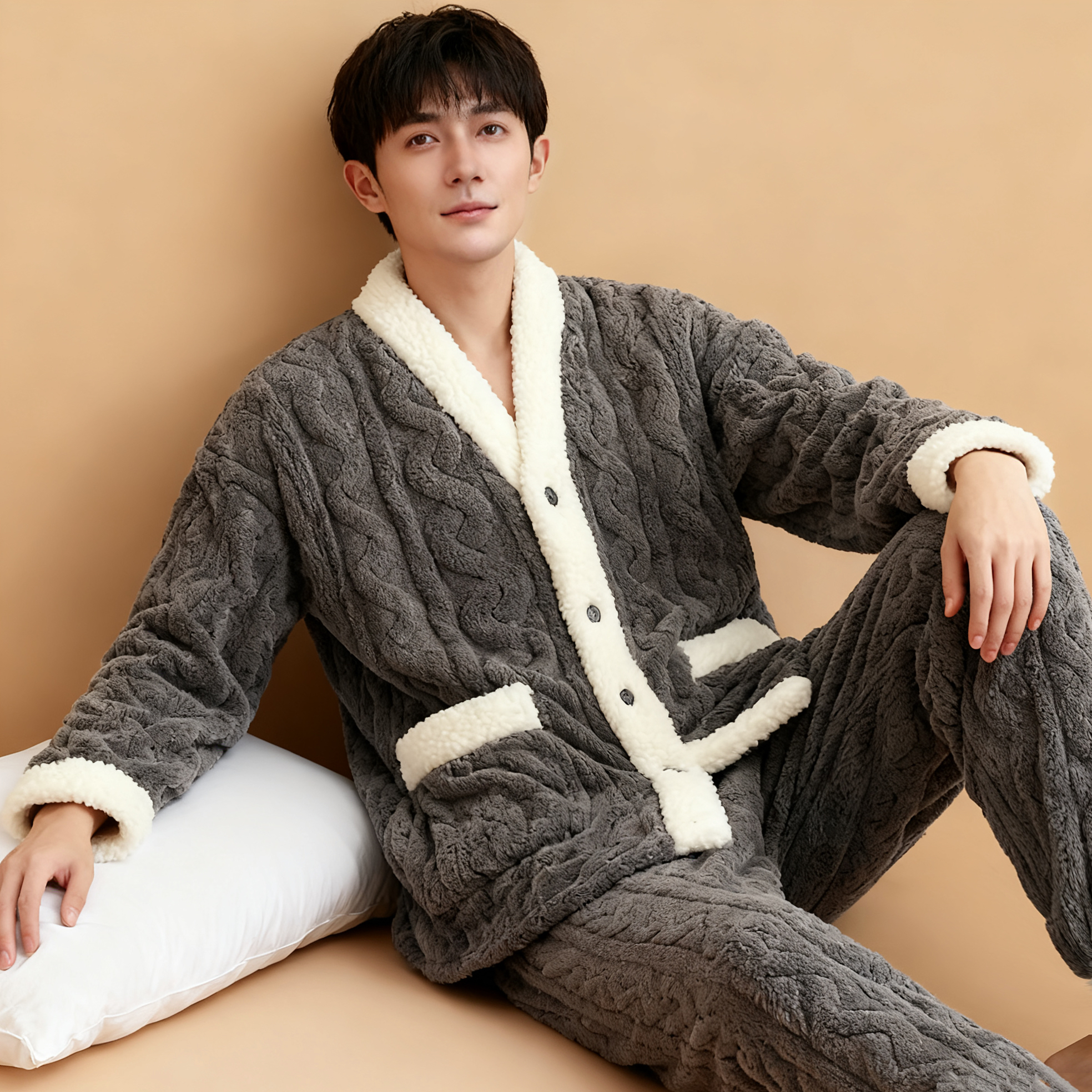 睡衣男冬季新款加绒加厚V领深灰舒棉绒保暖压花家居服可外穿套装