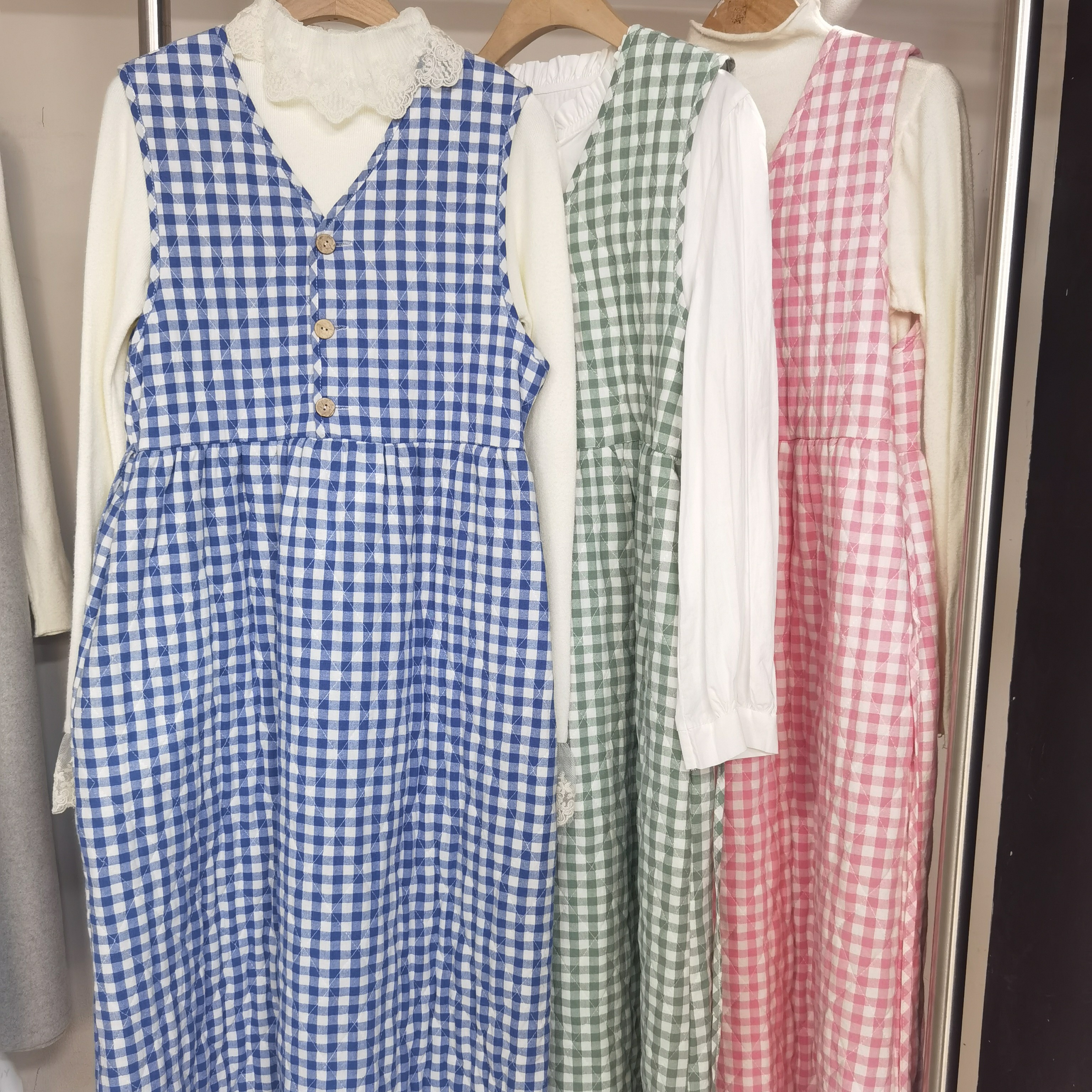 冬季夹棉裙连衣裙女长款新款背心棉裙格子连身裙