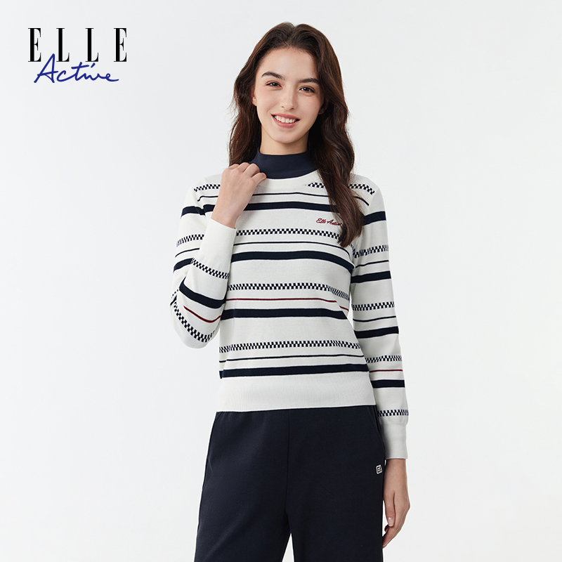 ELLE Active【含绵羊毛】棋盘格条纹圆领针织衫女百搭经典上衣毛衣