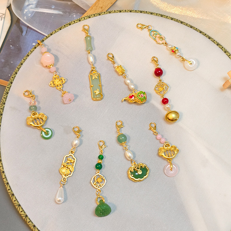 合金吊坠 竹节清新粉色小花吊坠中式铃铛挂件古风旗袍汉服配饰品 