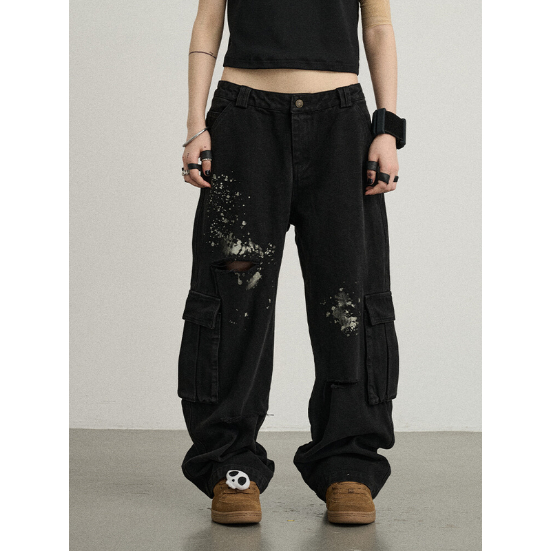 Achihara【褪色碎片洗水长裤】2025新款夏秋破洞做旧工装裤休闲裤