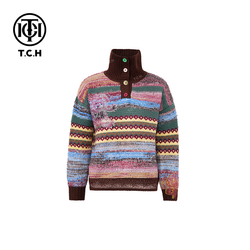 私服-TCH潮牌24秋冬新款彩虹休闲高领针织衫T72C09E5139