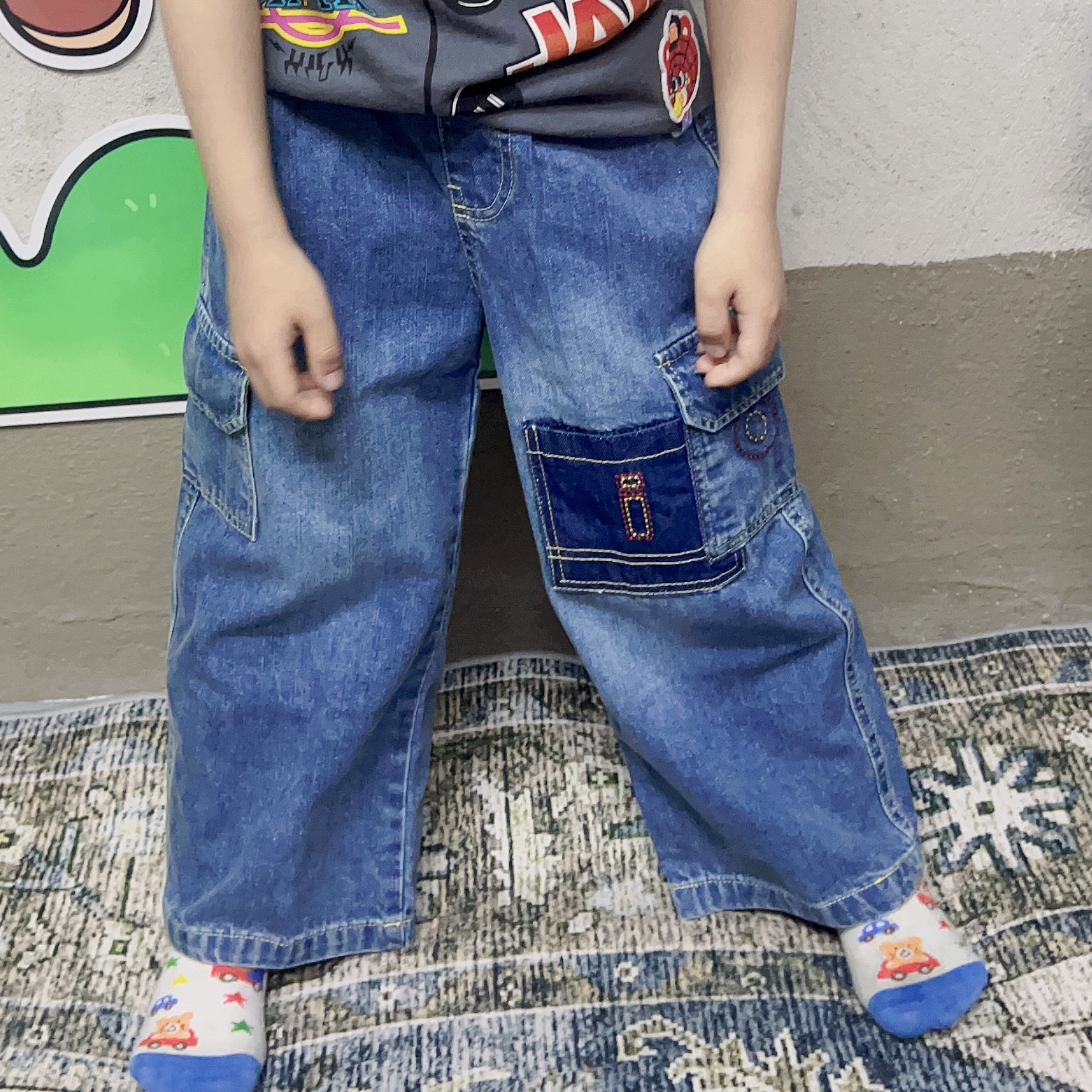 越越家 2025春款 男女童宝宝洋气时髦工装长裤 潮酷炸街牛仔裤