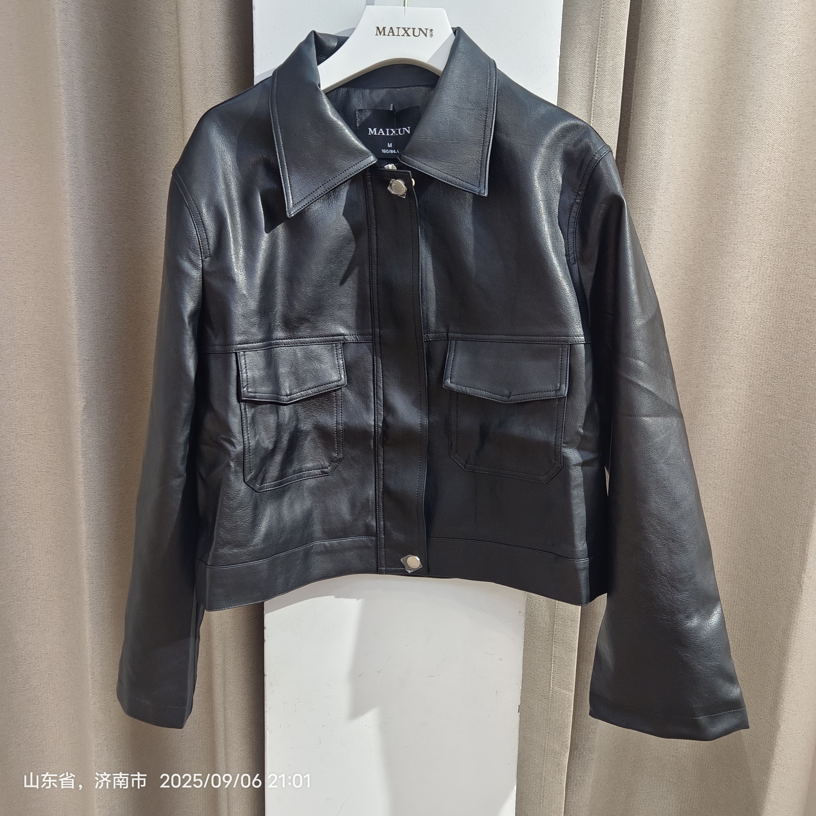 短款轻职风PYJXSO2A春秋季简约百搭休闲时尚长袖皮衣口袋