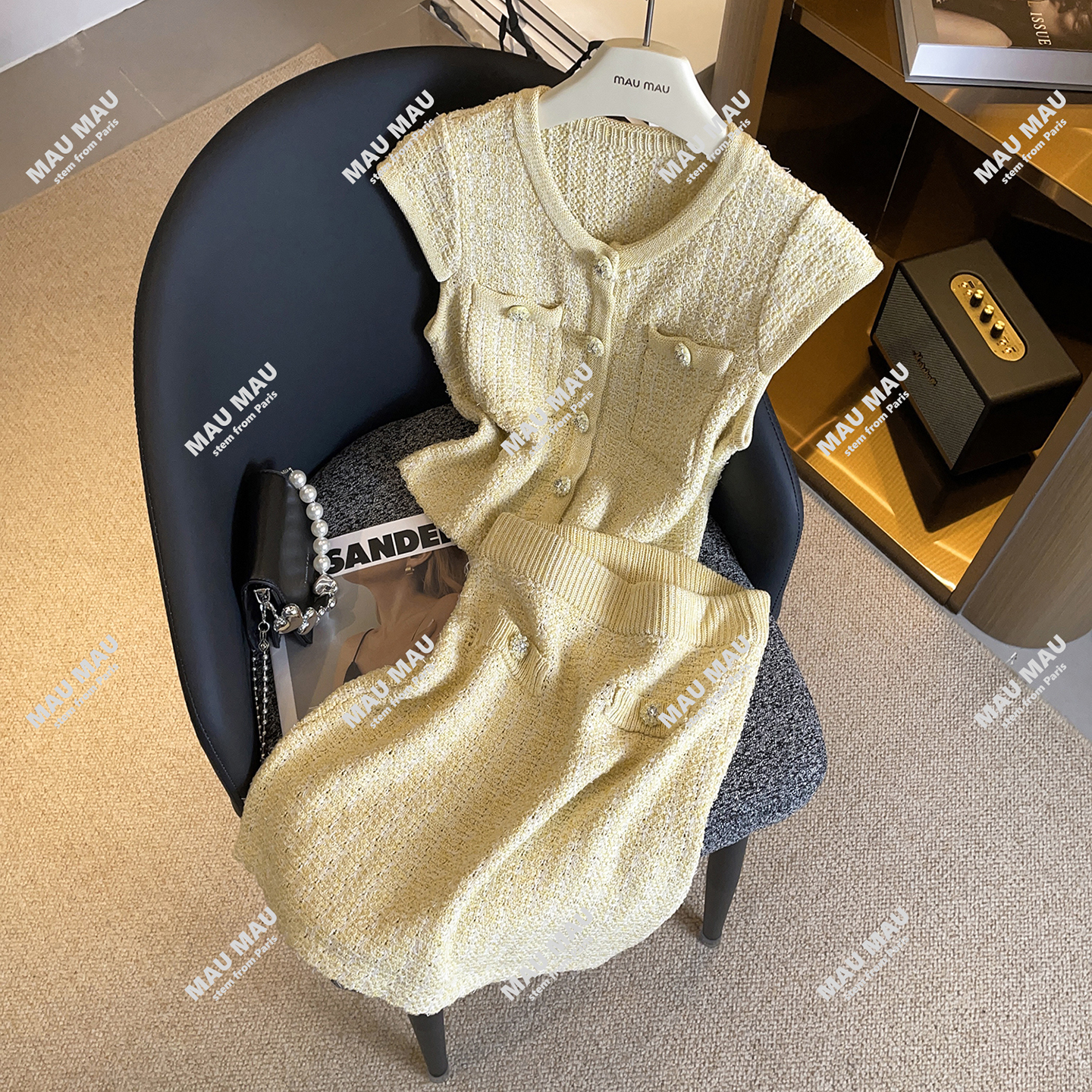 MIUMEN2025夏季小香风粗花呢飞飞袖马甲背心半身裙套装DY8065