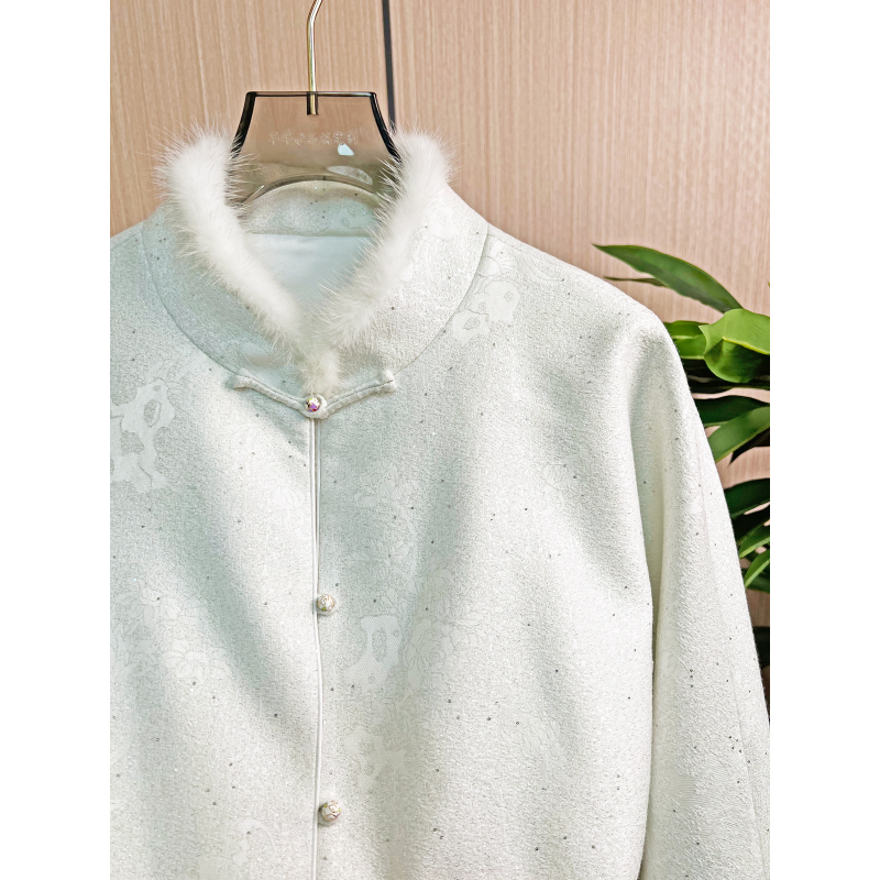 QIAN【上久楷·山石牡丹·皓月】桑蚕丝+羊毛+水貂毛+3M棉衣长外套