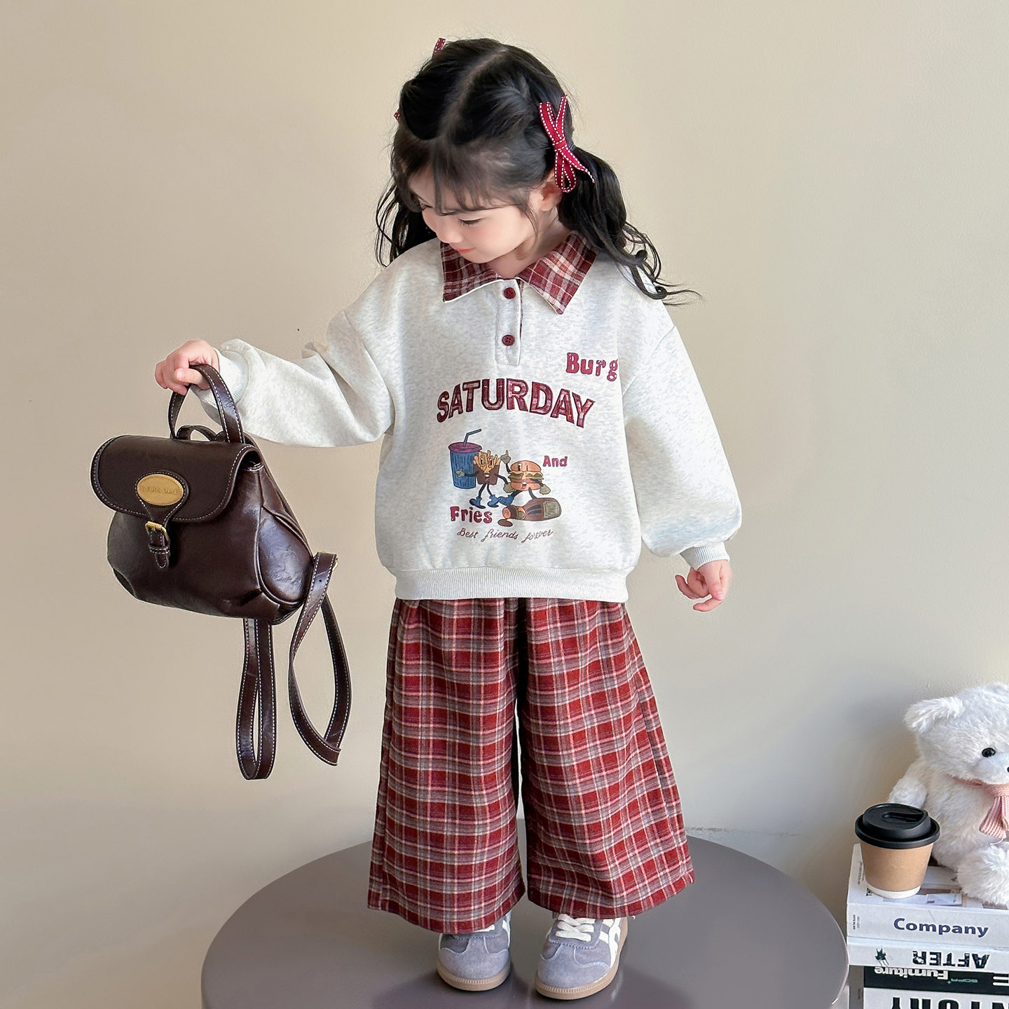 女宝秋款套装2025新款女童卫衣阔腿裤两件套学院风穿搭格子裤韩版