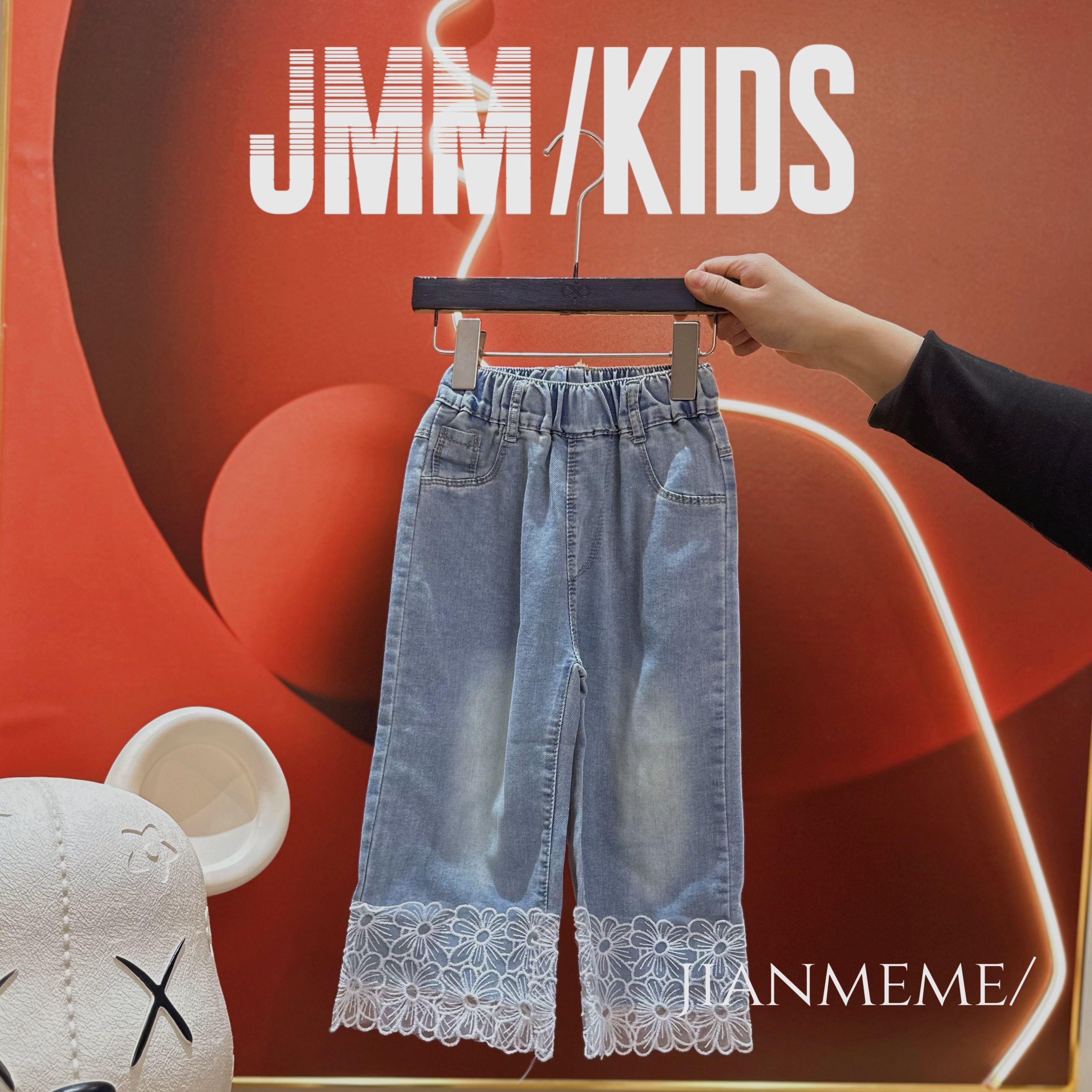 夏单品-牛仔色蕾丝F172 春秋女童男童时尚百搭牛仔裤洋气休闲裤子