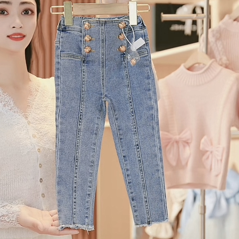 【媛媛妈专属】春秋季女童双排扣牛仔裤新款韩版洋气小脚休闲裤