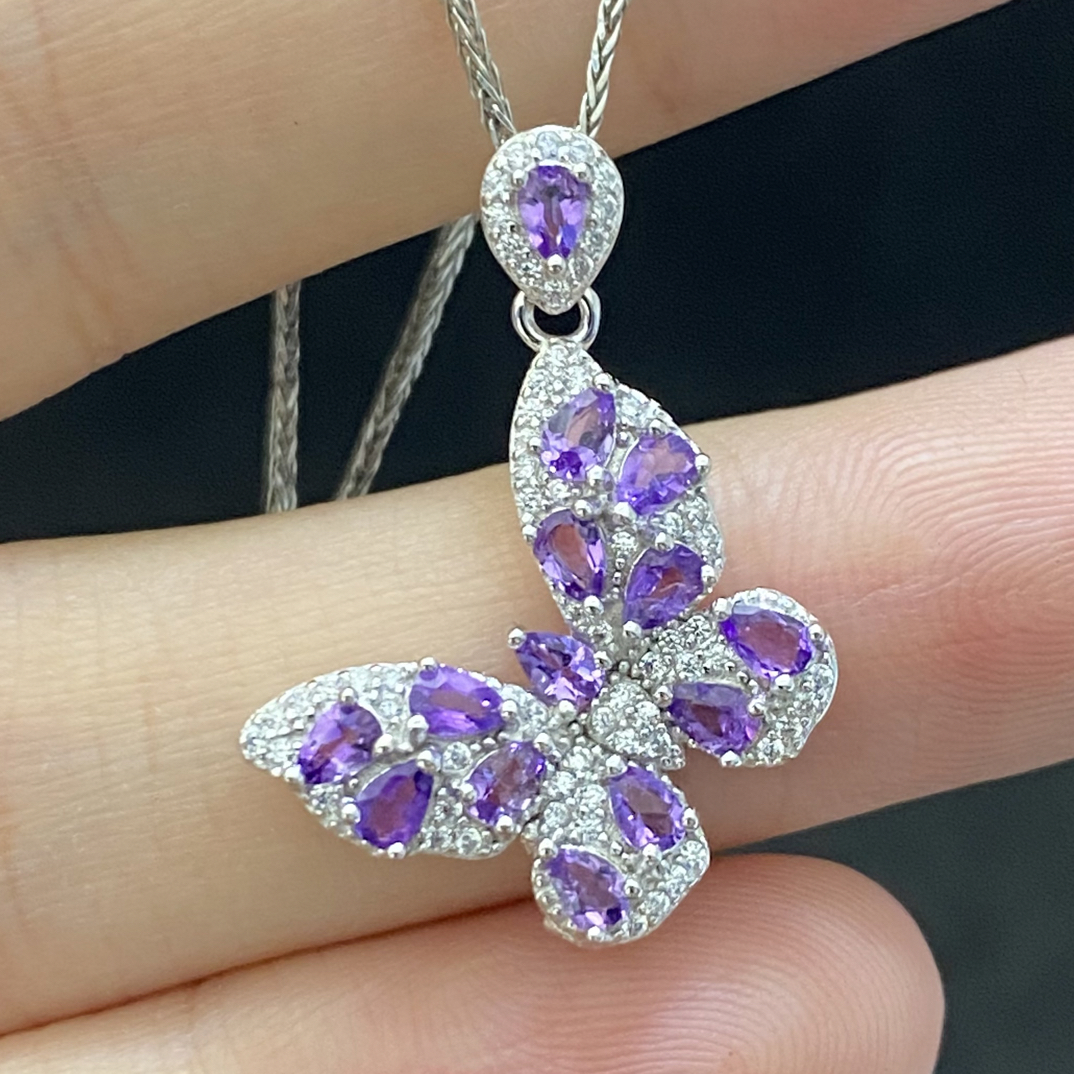 蝴蝶-天然紫水晶吊坠s925银轻奢高级精致满钻气质优雅时尚百搭Y2
