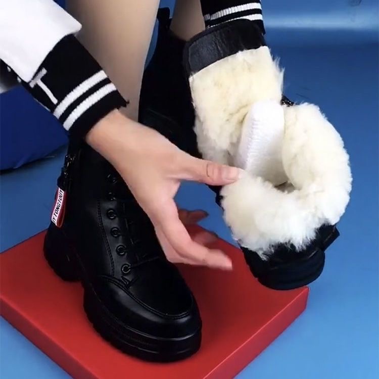 侧拉链系带软皮增高马丁靴女冬季加绒短靴皮毛一体雪地靴棉靴皮鞋