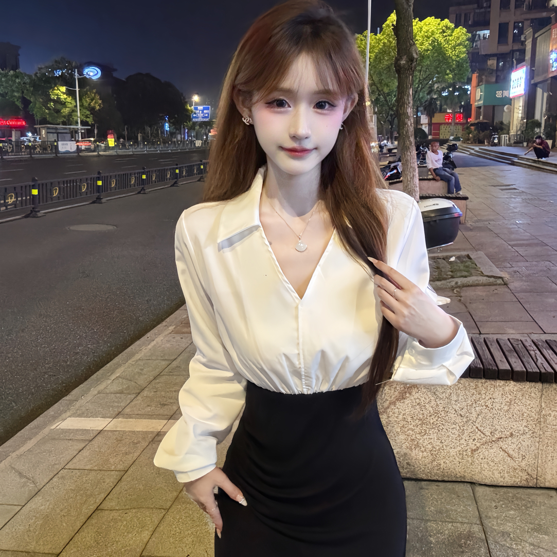 【研系v领气质衬衣拼接式连衣裙】