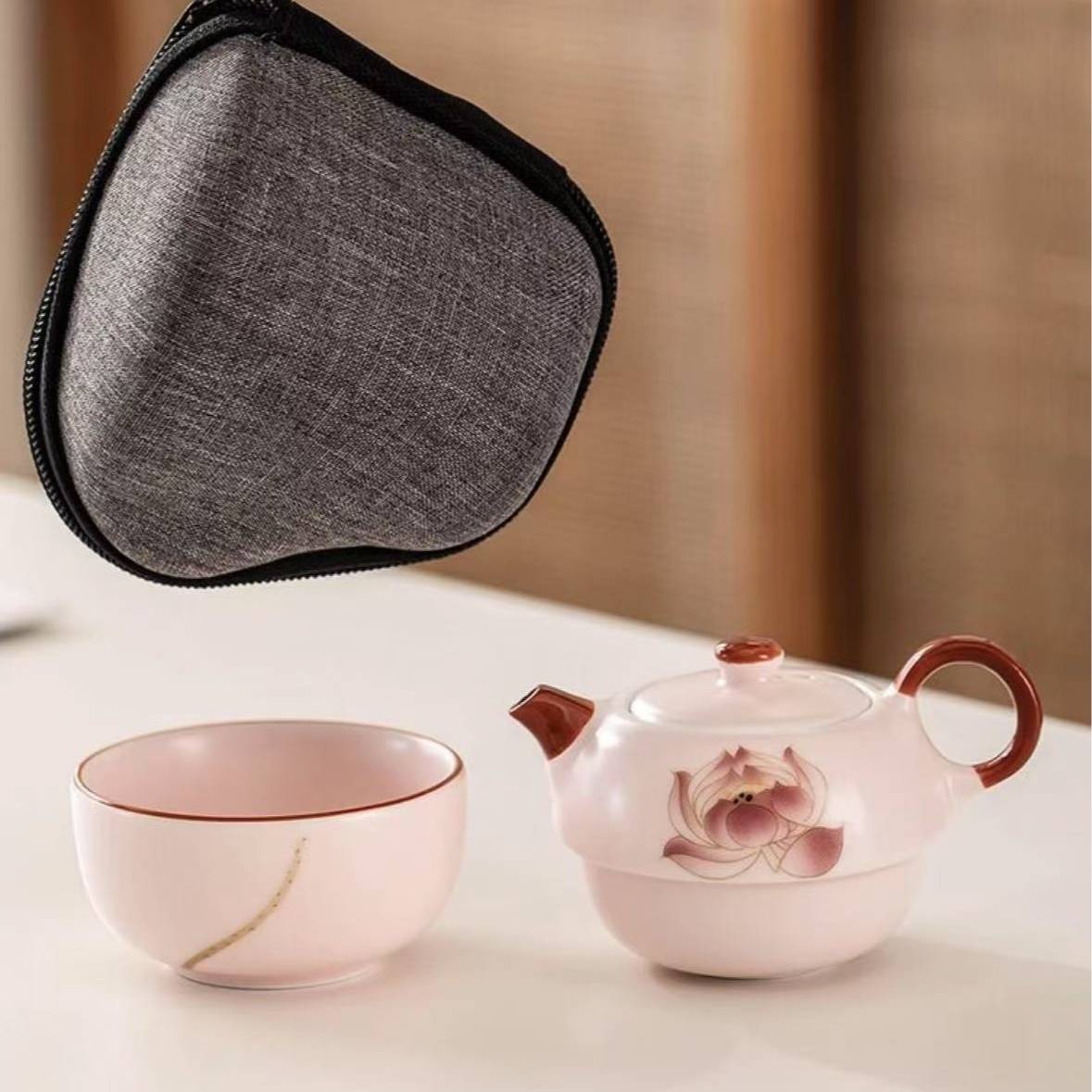 莲花粉汝陶瓷个人泡旅行套LC Q