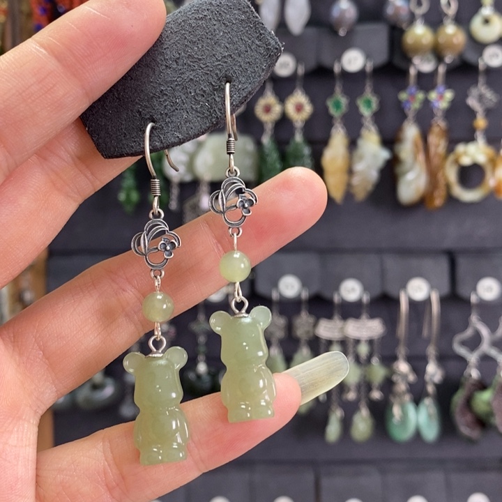 和田玉耳饰银S925镶嵌耳坠