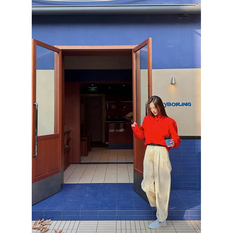 【LJ】新款红色半拉链高领加厚宽松针织衫