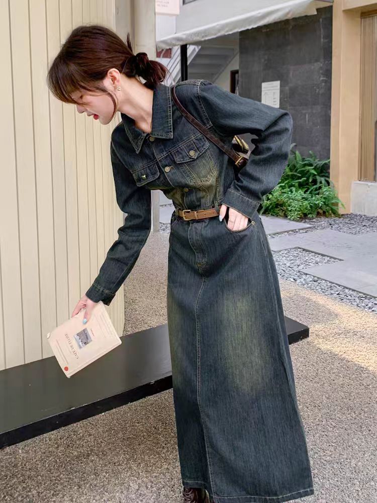 连衣裙收腰春季牛仔裙长袖高个子牛仔连衣裙