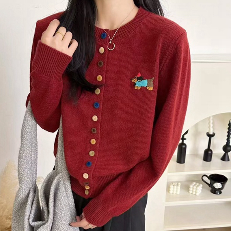 新年红大码女装贴绣彩色扣针织开衫秋冬减龄毛衣外套长袖上衣1656