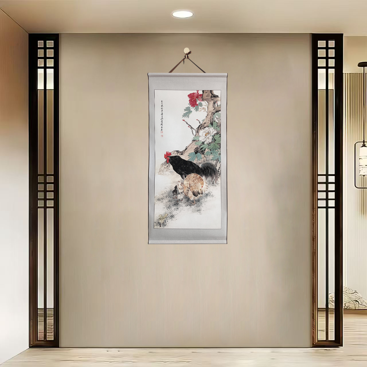 {40-253鸡鸣富贵}40x100cm现代简约挂轴装饰画办公室家居装