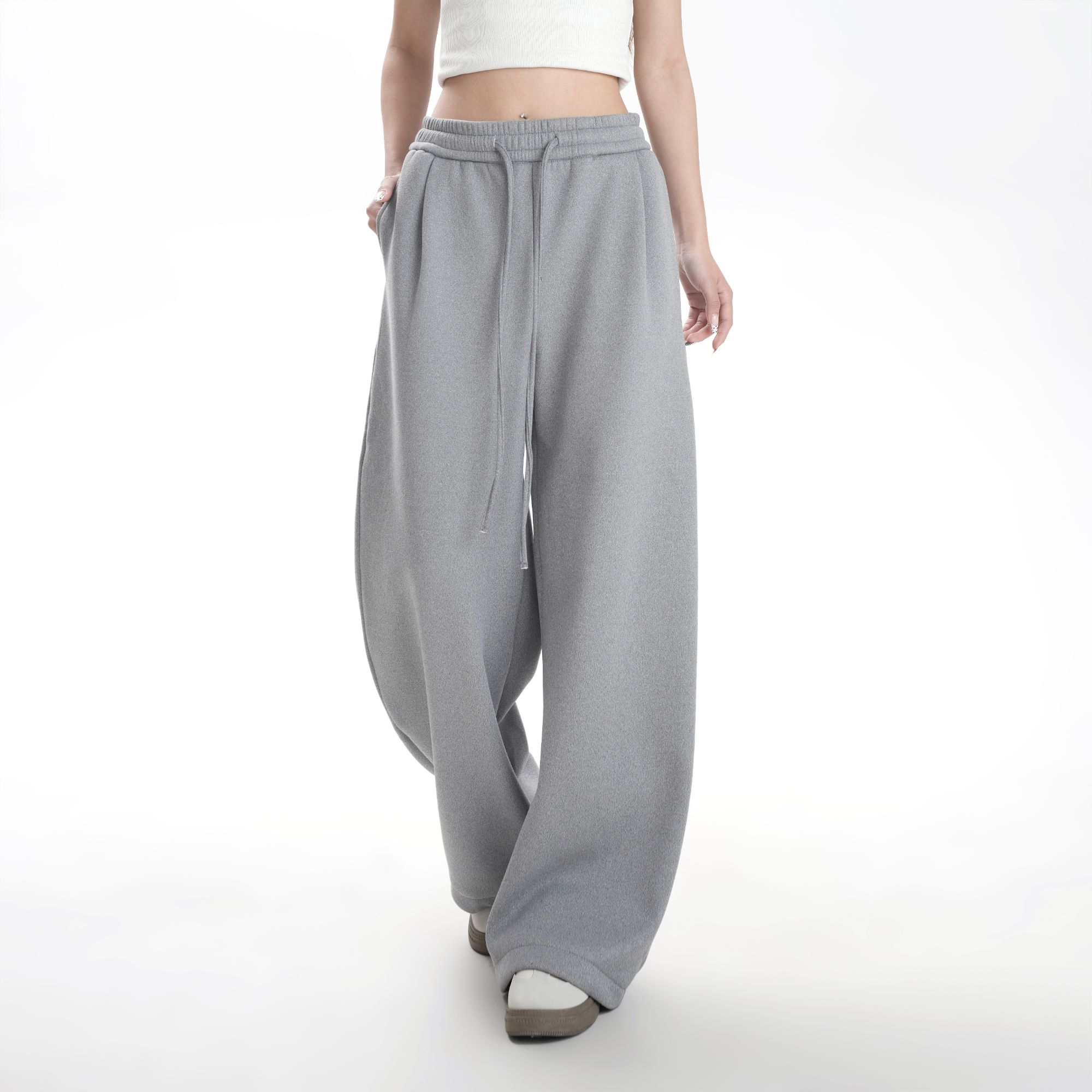 【绵羊毛】冬季新款桑蚕丝混纺重磅加绒捏褶设计弯刀休闲裤宽松