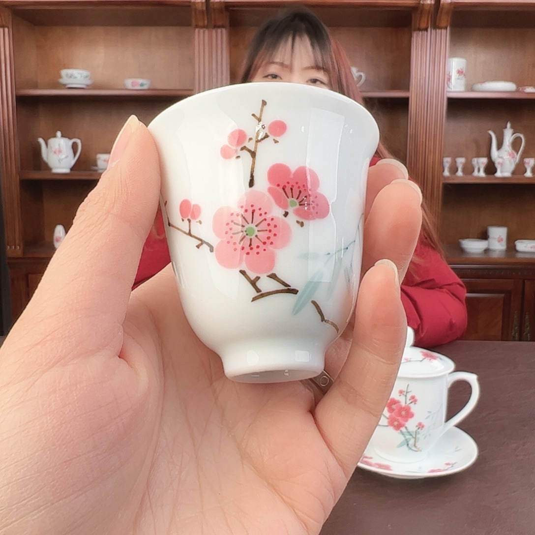 信***瓷翠竹红梅铃铛杯，微瑕