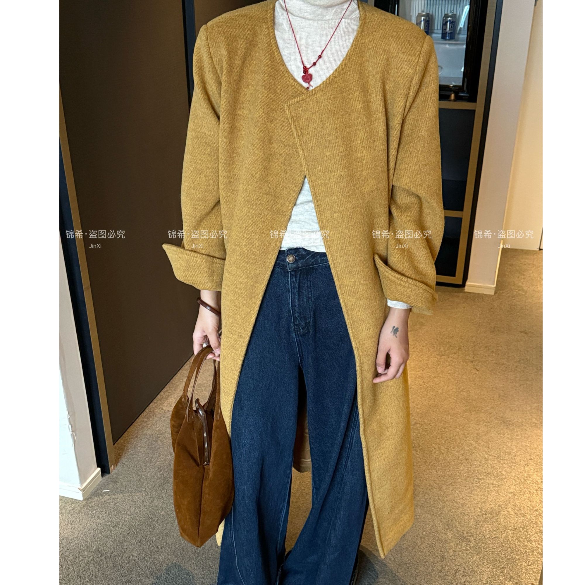 2025秋冬新款【黄玫瑰长款】时尚百搭显瘦无领系带宽松版毛呢外套