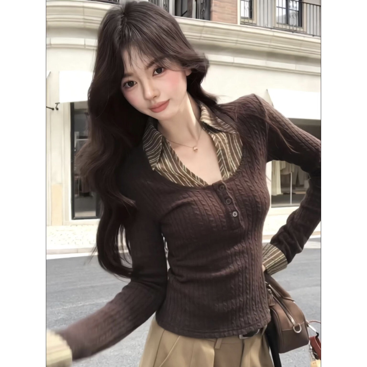 韩系穿搭假两件撞色翻领长袖t恤女秋冬季高级感chic短款辣妹上衣