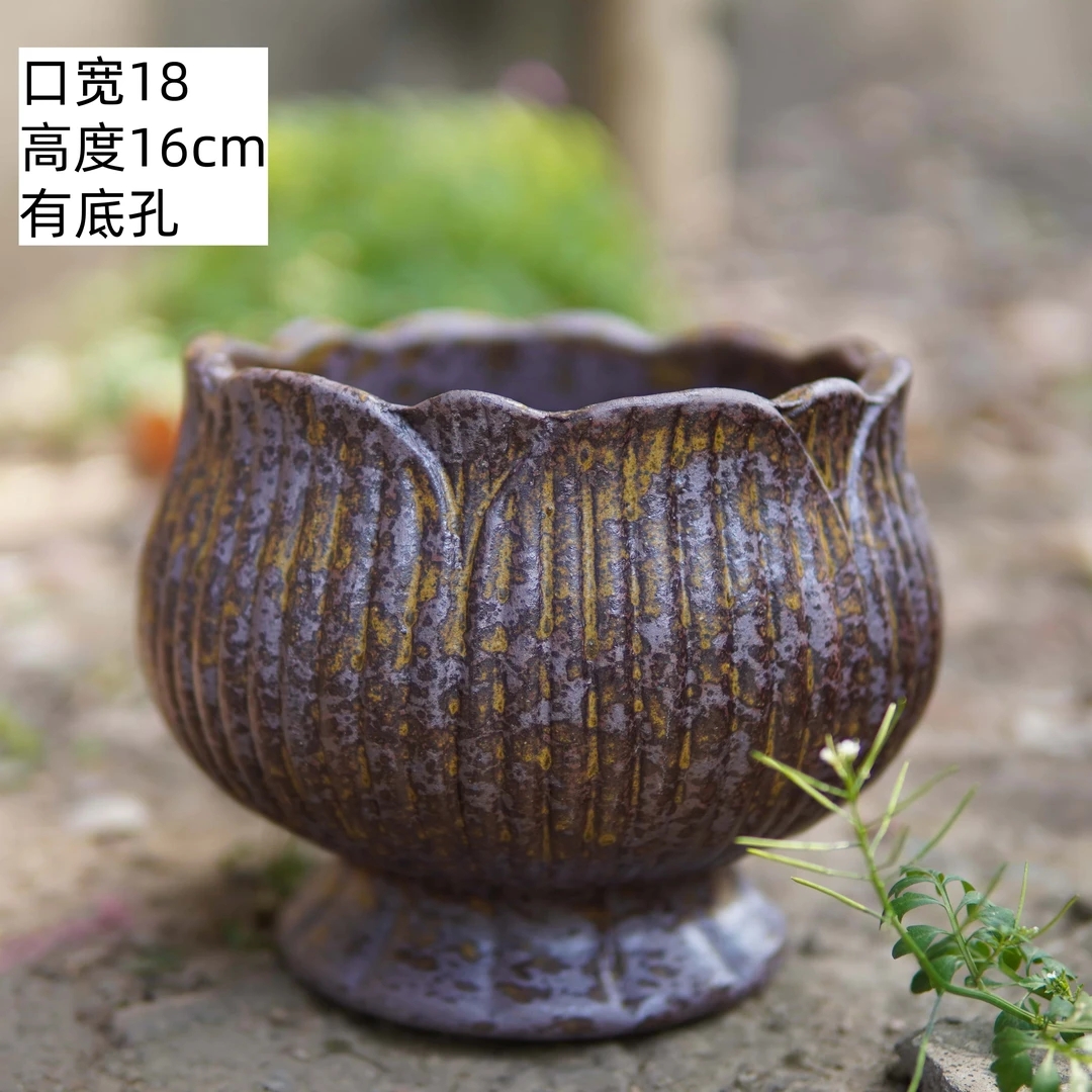 B新中式手工陶罐复古粗陶多肉花盆桌面花瓶花器