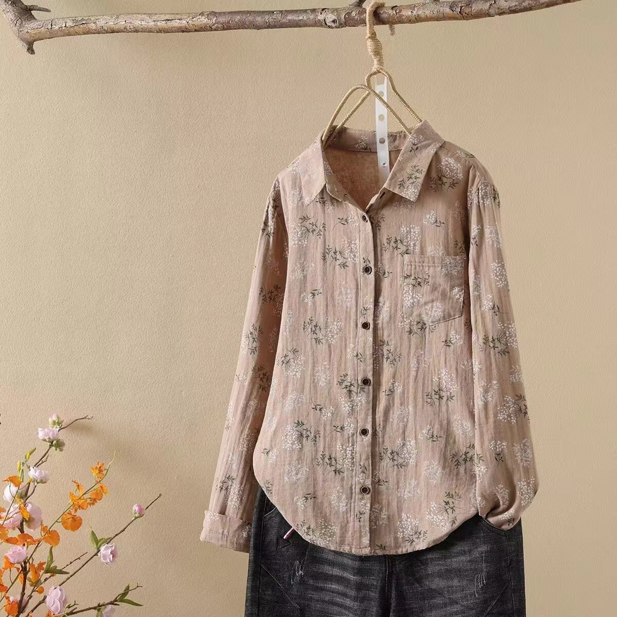 2024秋季新款树叶长袖衬衫休闲百搭婴儿棉双层纱上衣女6211