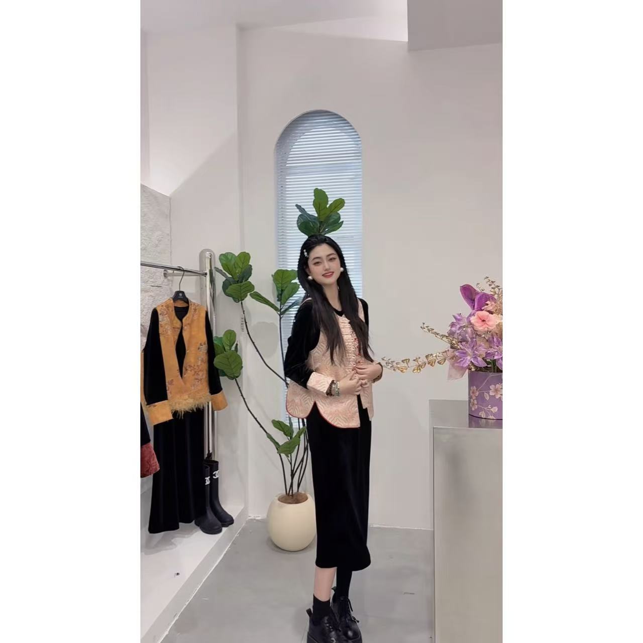 6900【夹心定制】大码国风丝绒连衣裙+祥云盘扣马甲高级两件套