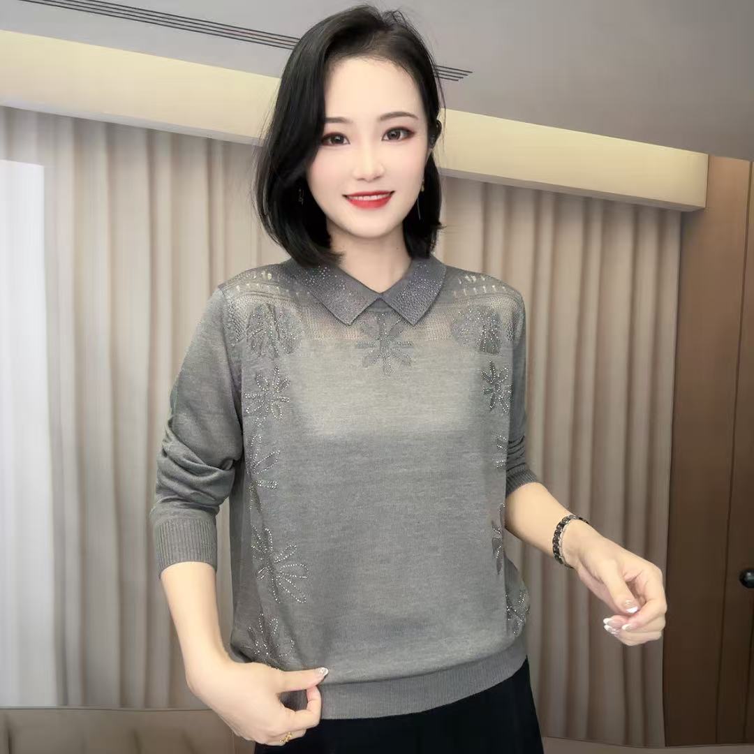 2026百搭翻领新中式针织衫毛衣绣花针织女羊毛衫