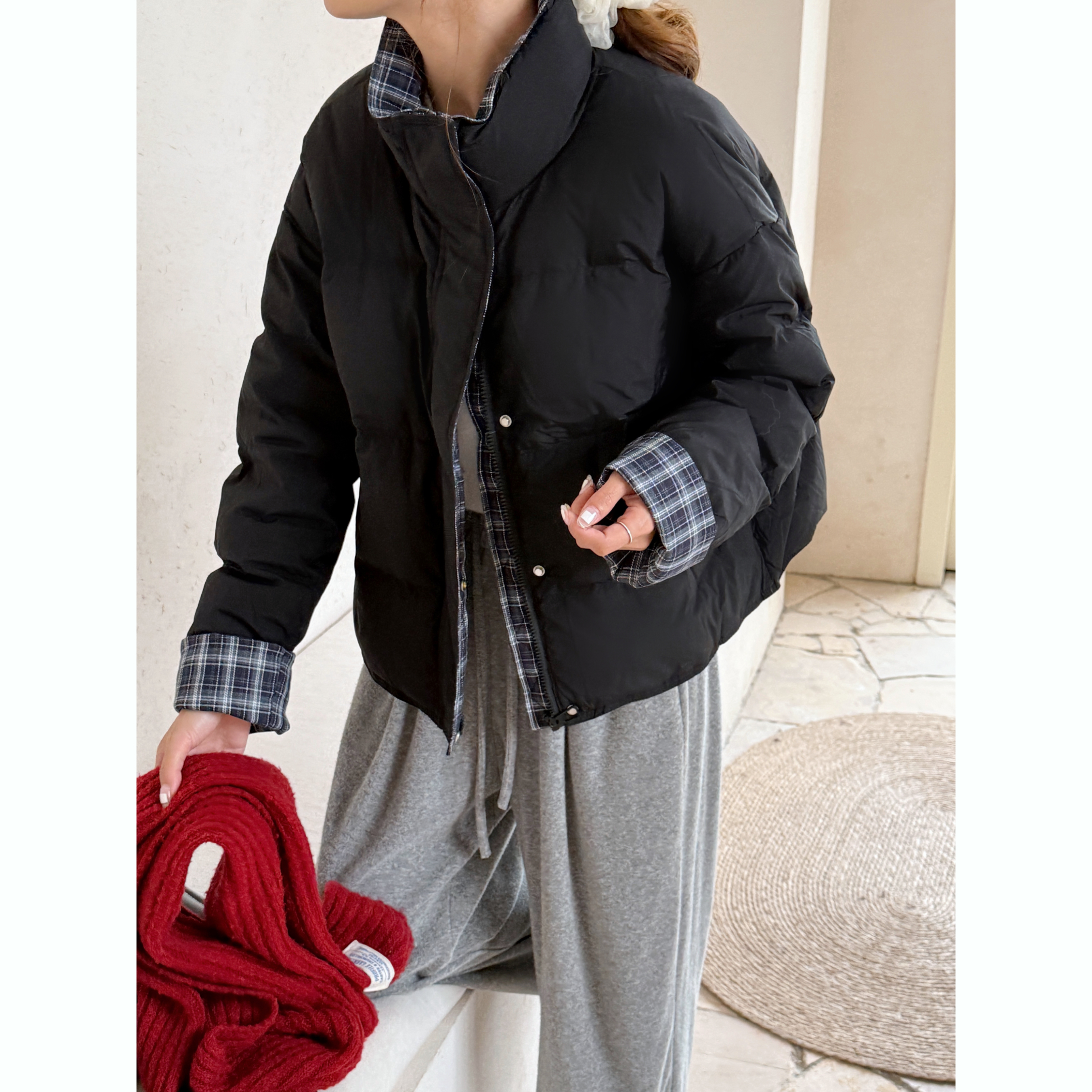 极简风格子翻袖/短款女白鸭绒羽绒服立领加厚保暖秋冬拼接