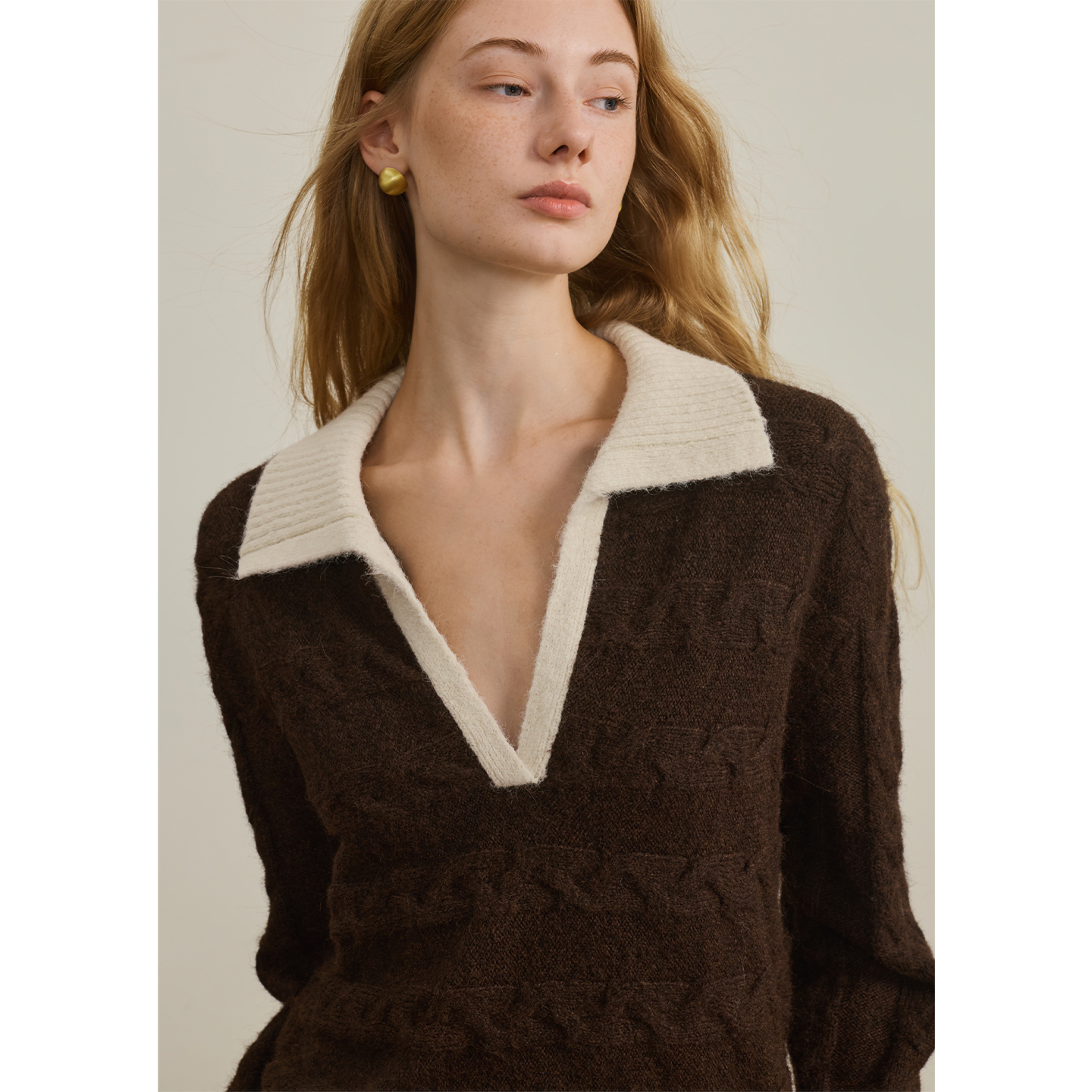 AEL原创设计感拼色翻领绞花毛衣女2025秋冬宽松针织上衣AS5DM768