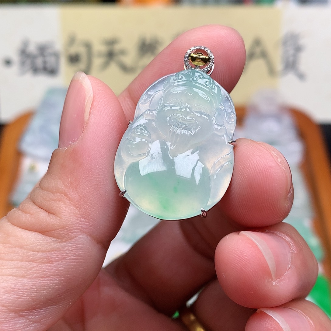 翡翠裸石18K金镶嵌缅甸天然A货翡翠冰种财神爷