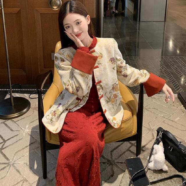 大码胖mm新中式国风盘扣提花外套红色旗袍连衣裙女秋冬气质两件套