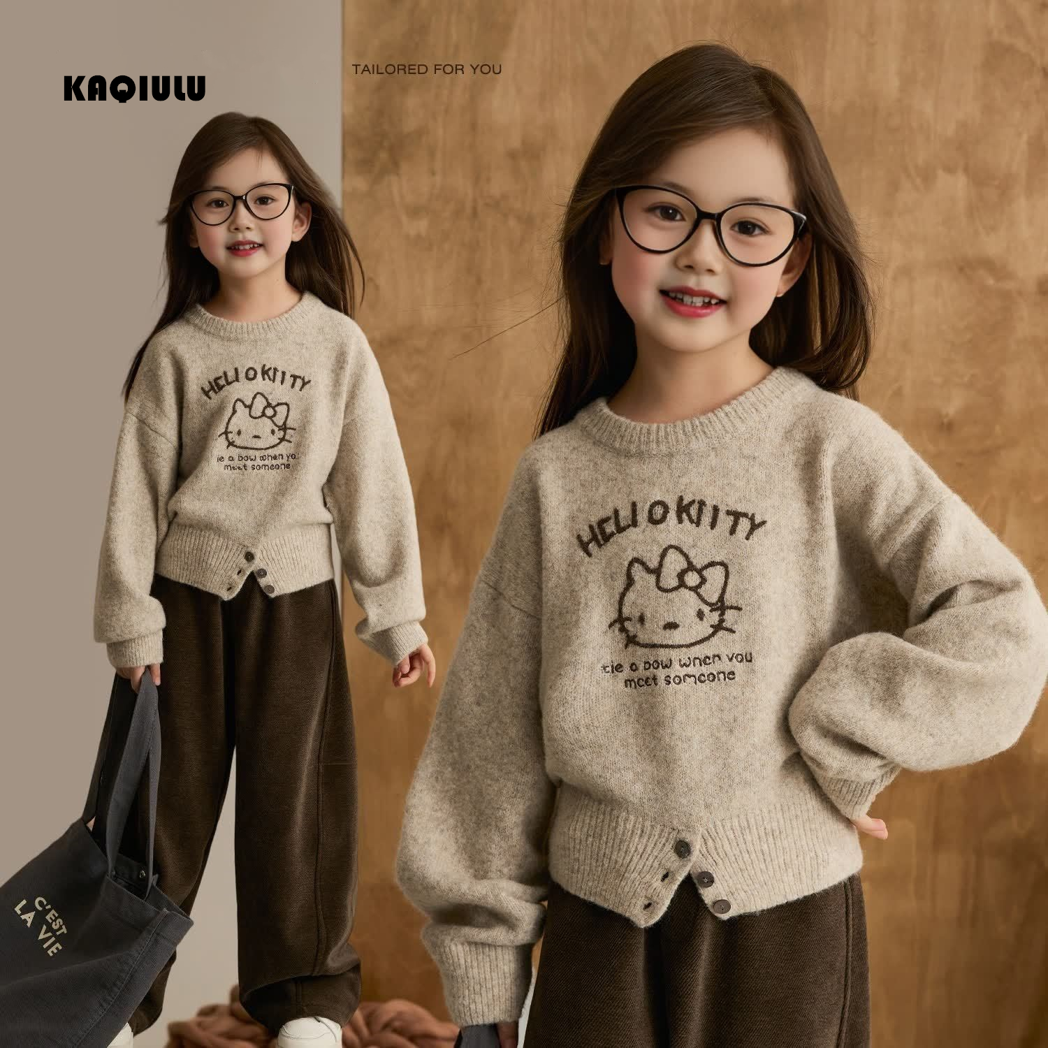 【燕麦奶咖】2025秋冬新款女童毛衣圆领短款宝宝刺绣休闲针织上衣