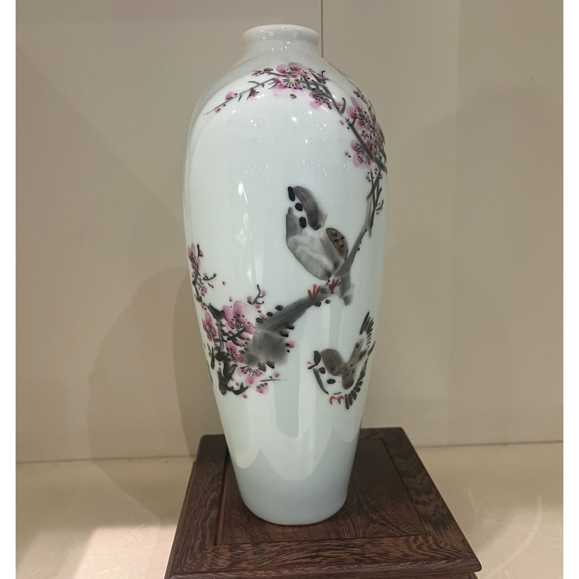 昆仑牌鲁青瓷窑变釉青瓷三面莲花瓶  手绘梅鸟  28mm*12mm