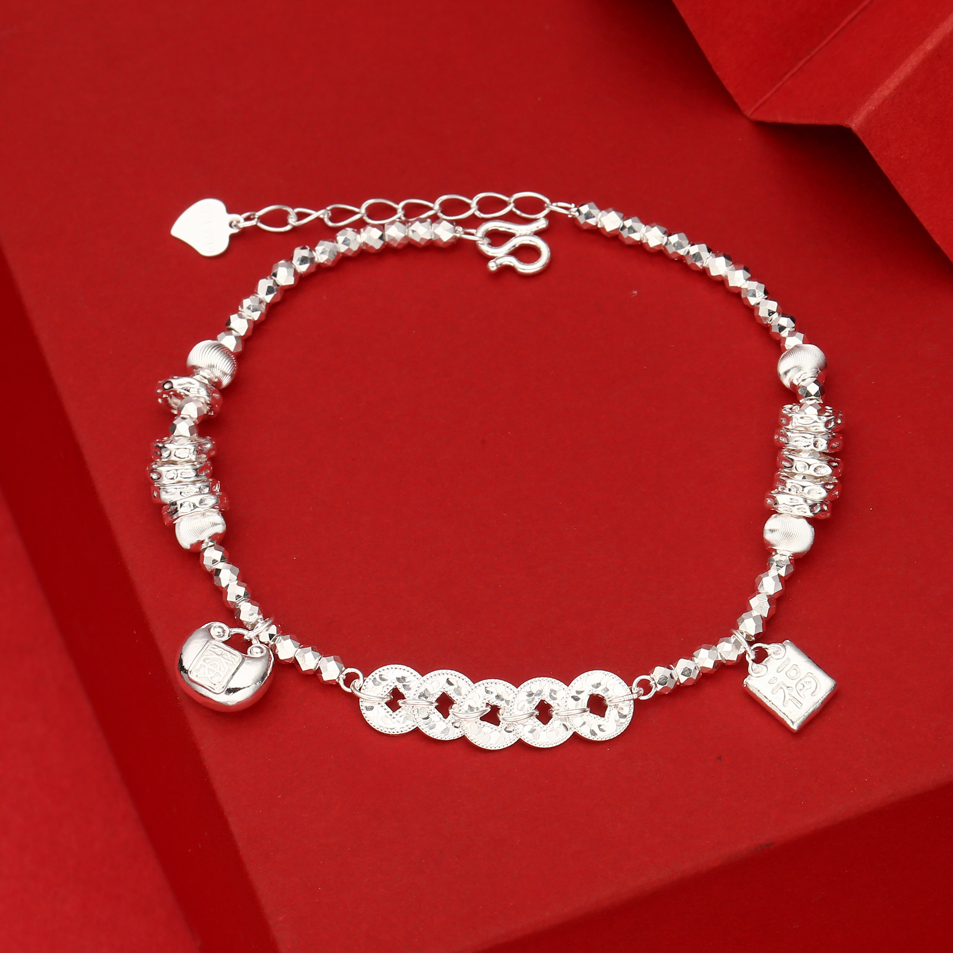 足银手链 足银999.9碎冰冰五帝钱胖福手链女纯银盘缠珠手串送礼物