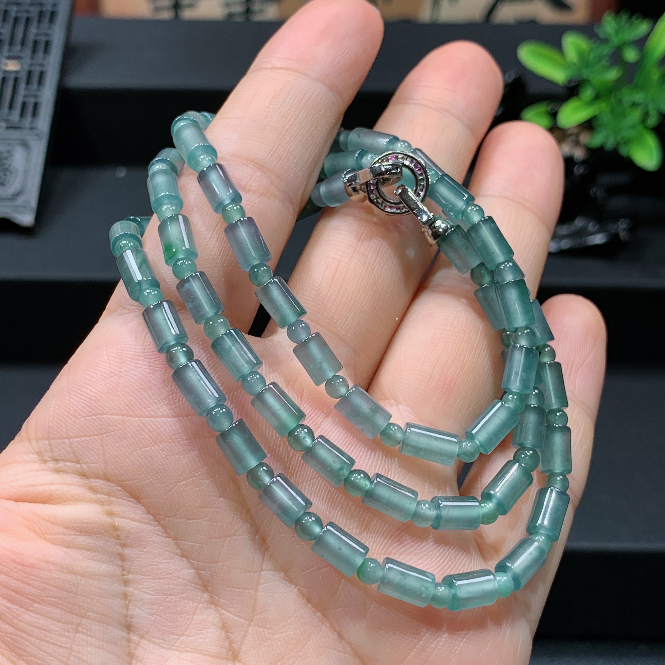 冰种起光感桶珠路路通项链正品天然A货翡翠冰透时尚古风项链