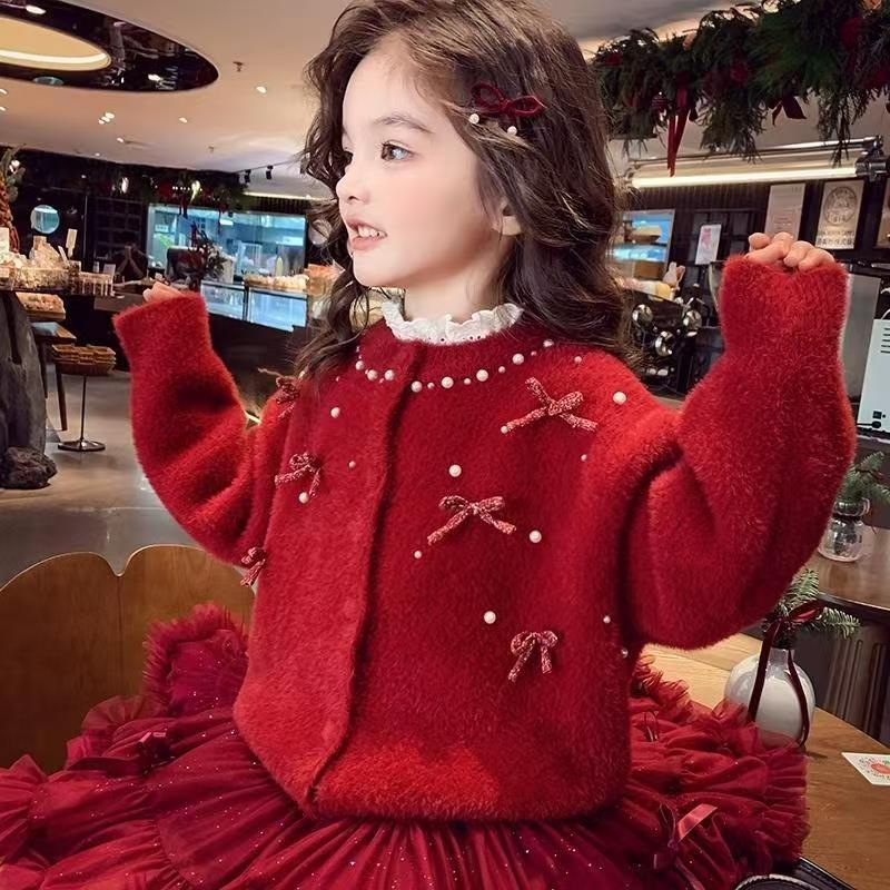 常规款长袖图案毛衣针织衫打底红色开衫水貂绒