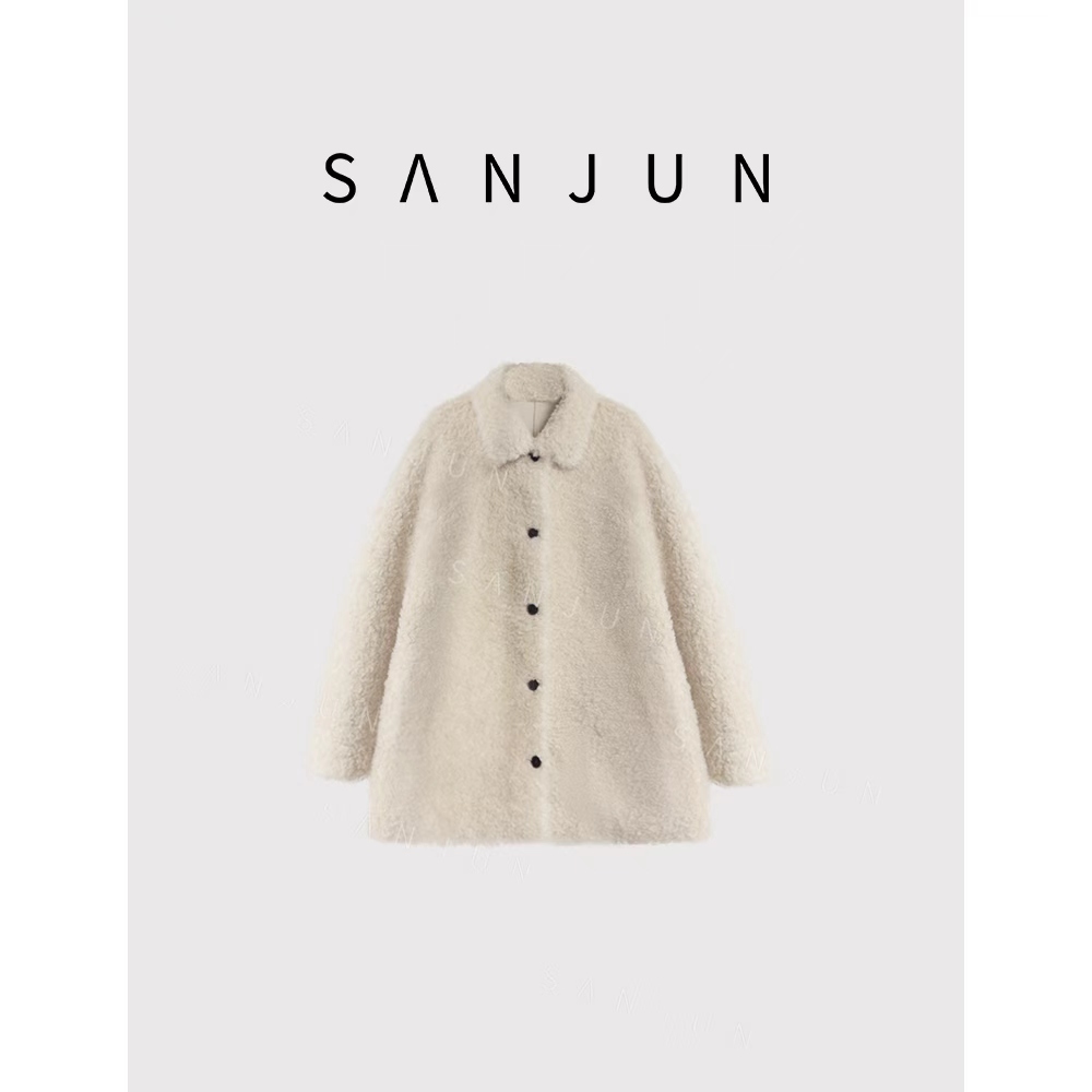 SANJUN【云巾】韩系娃娃领一排扣中长款毛绒外套 25301